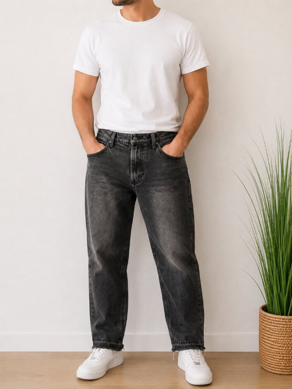 Y2K Men's Skater Baggy Jeans Black Wash Raw Hem Streetwear Sz 32